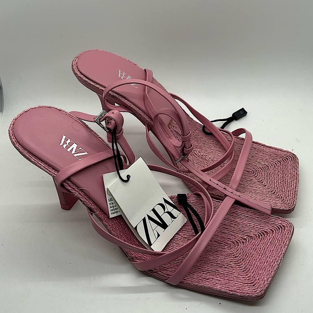 Zara Pink Strappy Square-Toe Heeled Sandals